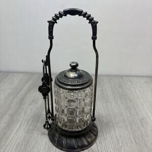 Antique Pairpoint Silver Plate Pickle Castor w/ Tongs Clear Glass